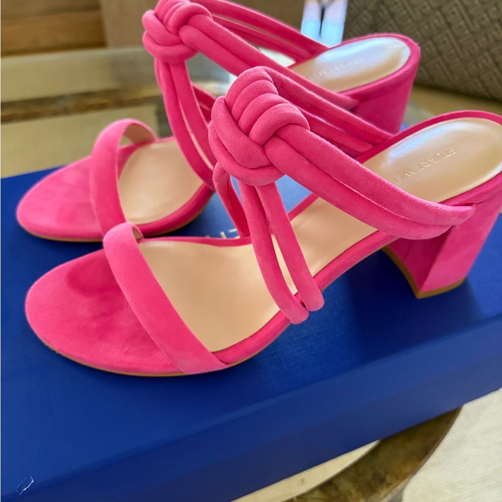 Stuart Weitzman Hot Pink Knotted Strap Block Heel Sandals